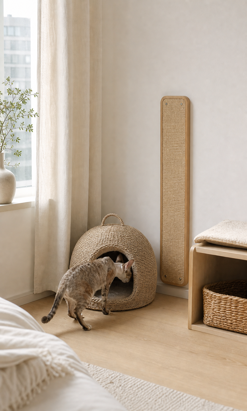 A compact cat corner in a warm bedroom