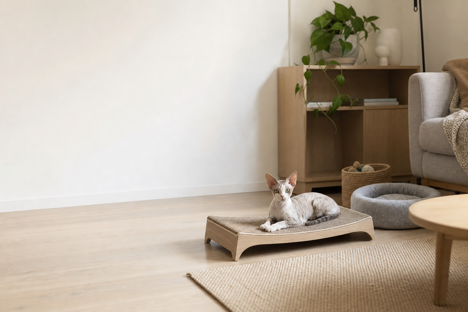 A calm cat corner integrated into a living room
