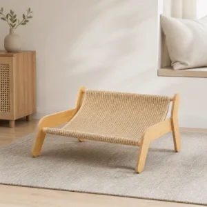 Sisal cat sofa scratcher placed in a warm neutral living room