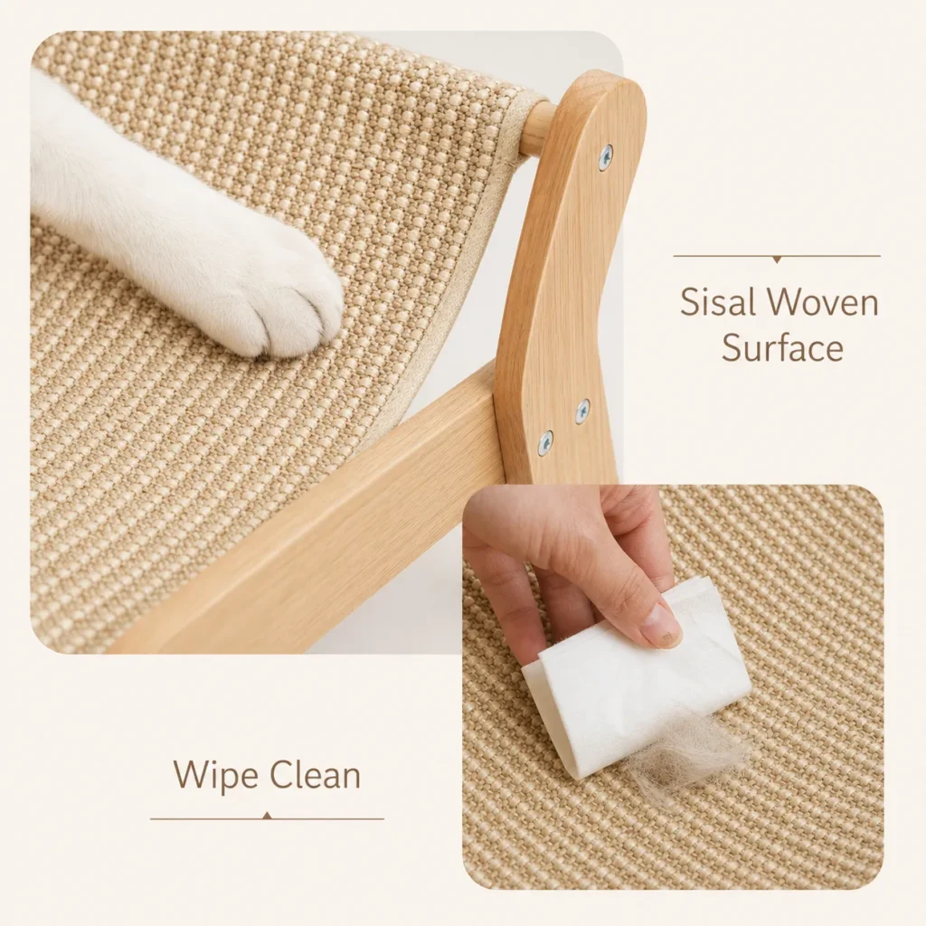 Close-up of sisal woven surface with wipe-clean care detail
