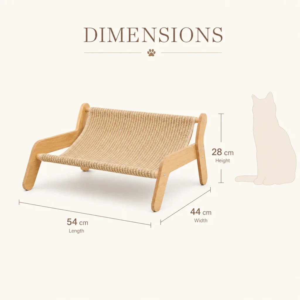Quiet Sisal Cat Sofa dimensions: 54 cm length, 44 cm width, 28 cm height
