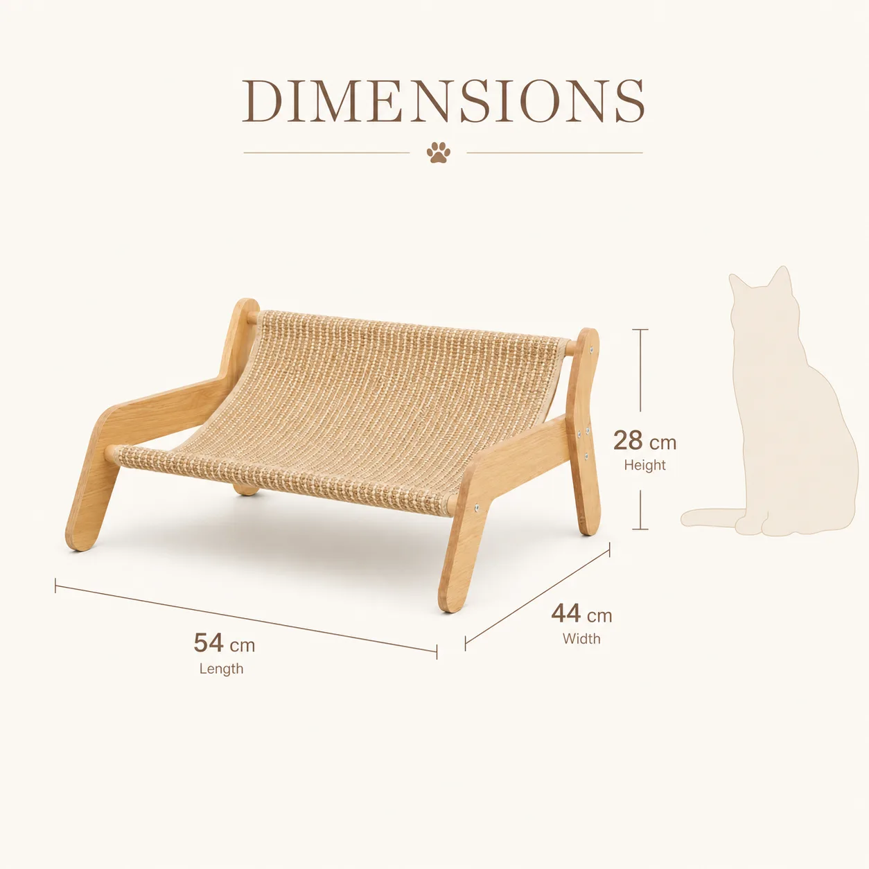 Quiet Sisal Cat Sofa dimensions: 54 cm length, 44 cm width, 28 cm height