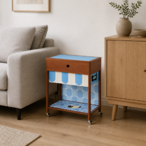nookmew Purr Pantry blue cat feeding station in a living room