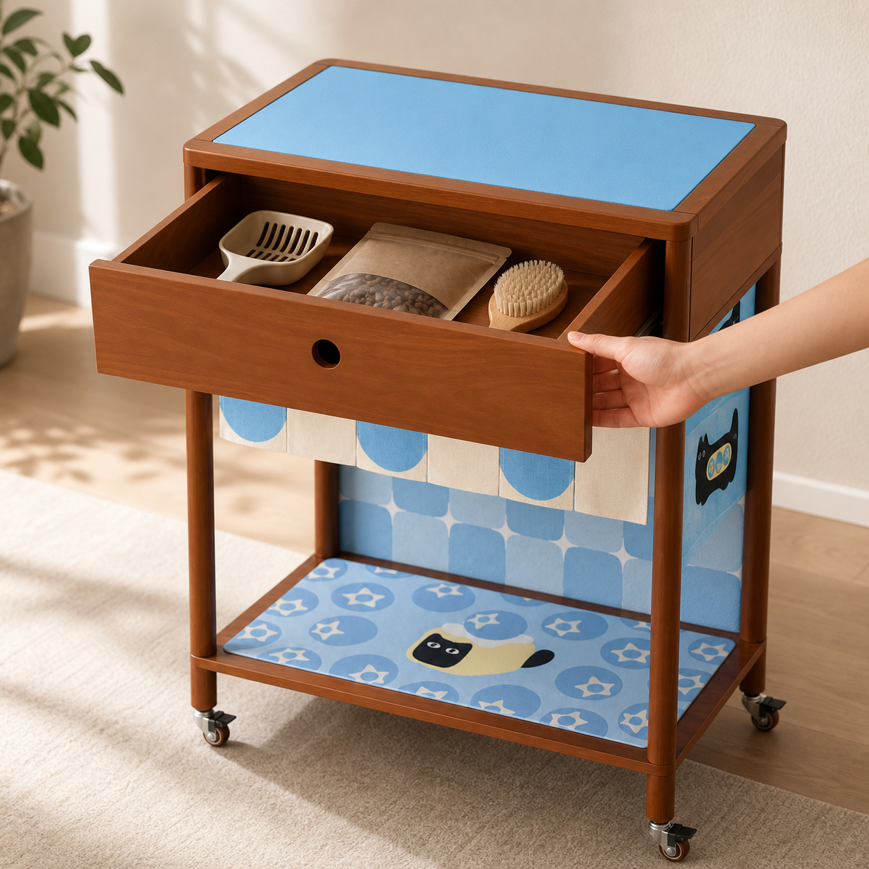 Built-in drawer on the nookmew Purr Pantry cat feeding station