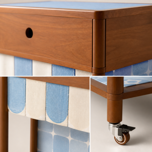 Warm wood-toned frame, blue curtain panels, and caster detail on the Purr Pantry