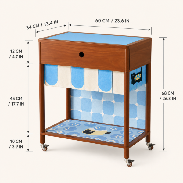 Dimensions of the nookmew Purr Pantry blue cat feeding station