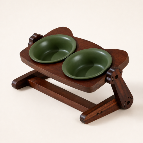 Adjustable acacia wood double bowl stand with two pine green ceramic bowls