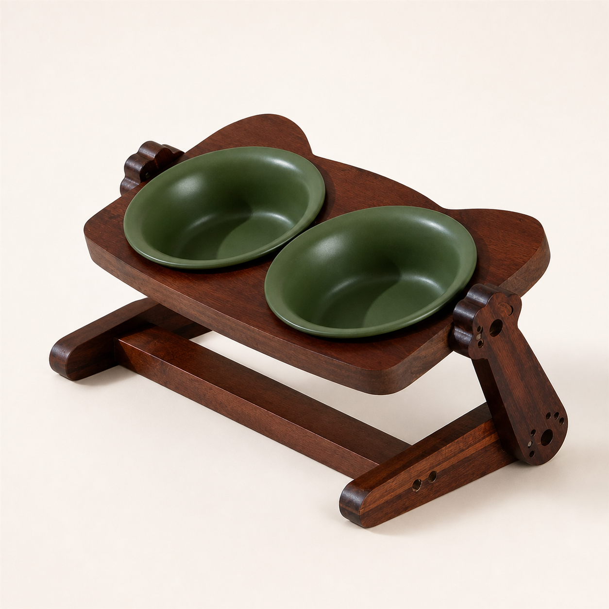 Adjustable acacia wood double bowl stand with two pine green ceramic bowls