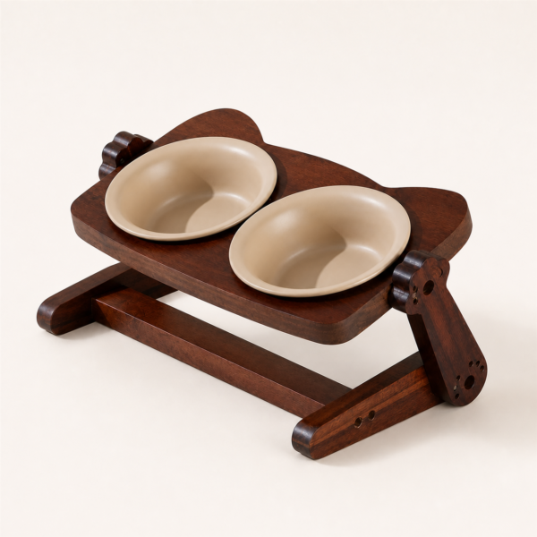 Adjustable acacia wood double bowl stand with two latte beige ceramic bowls