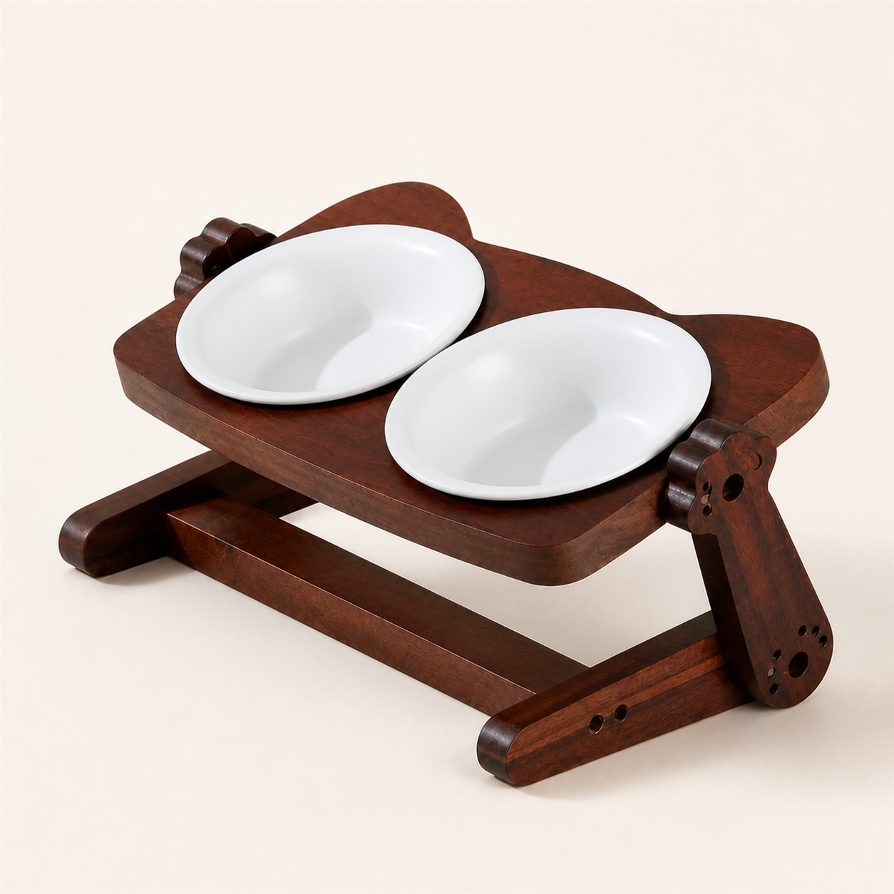 Adjustable acacia wood double bowl stand with two cloud white ceramic bowls