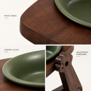 Close details of the acacia wood stand, ceramic glaze, and adjustment hardware