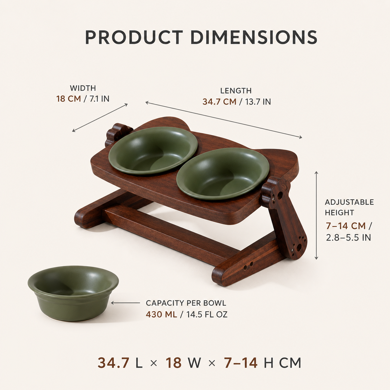 Dimensions of the adjustable ceramic double bowl set