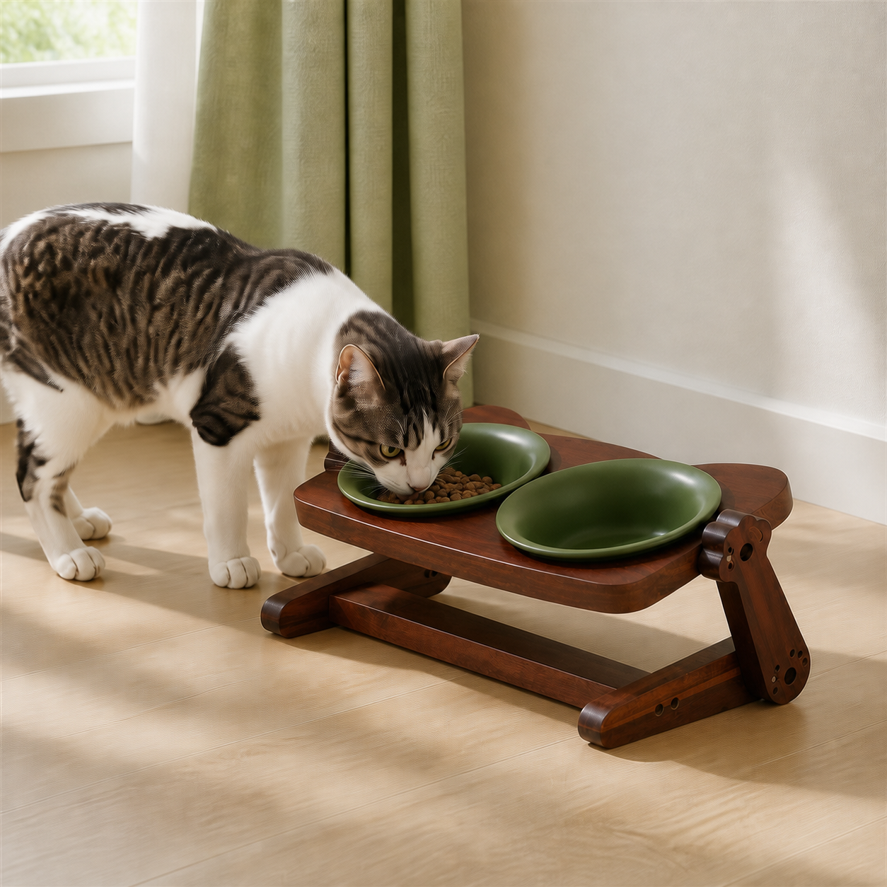 Adjustable acacia wood double bowl stand with two pine green ceramic bowls