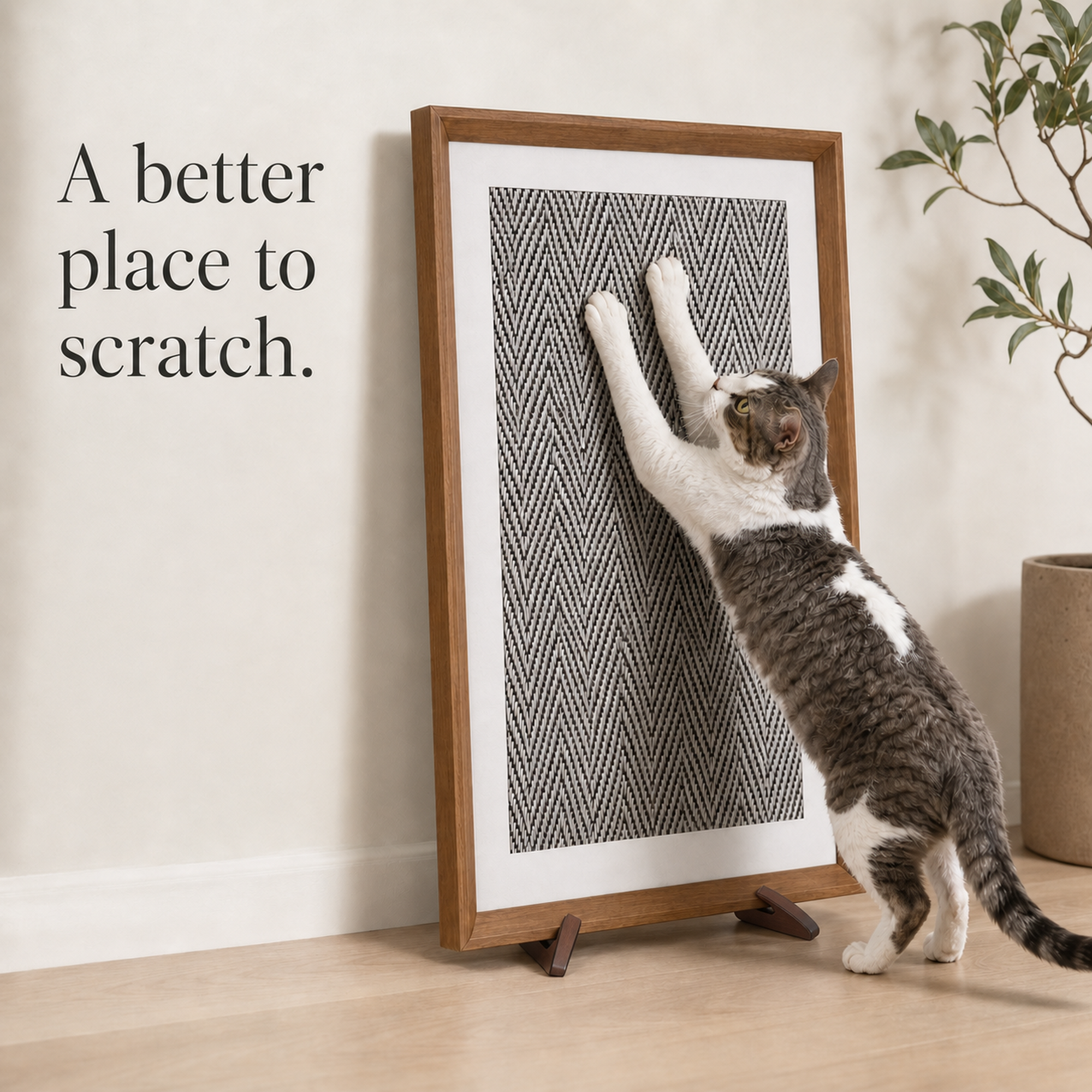 Cat stretching on the tall sisal scratching panel