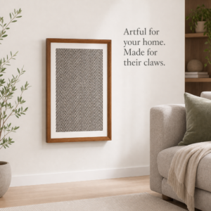 Wall-mounted framed sisal scratcher in a living room