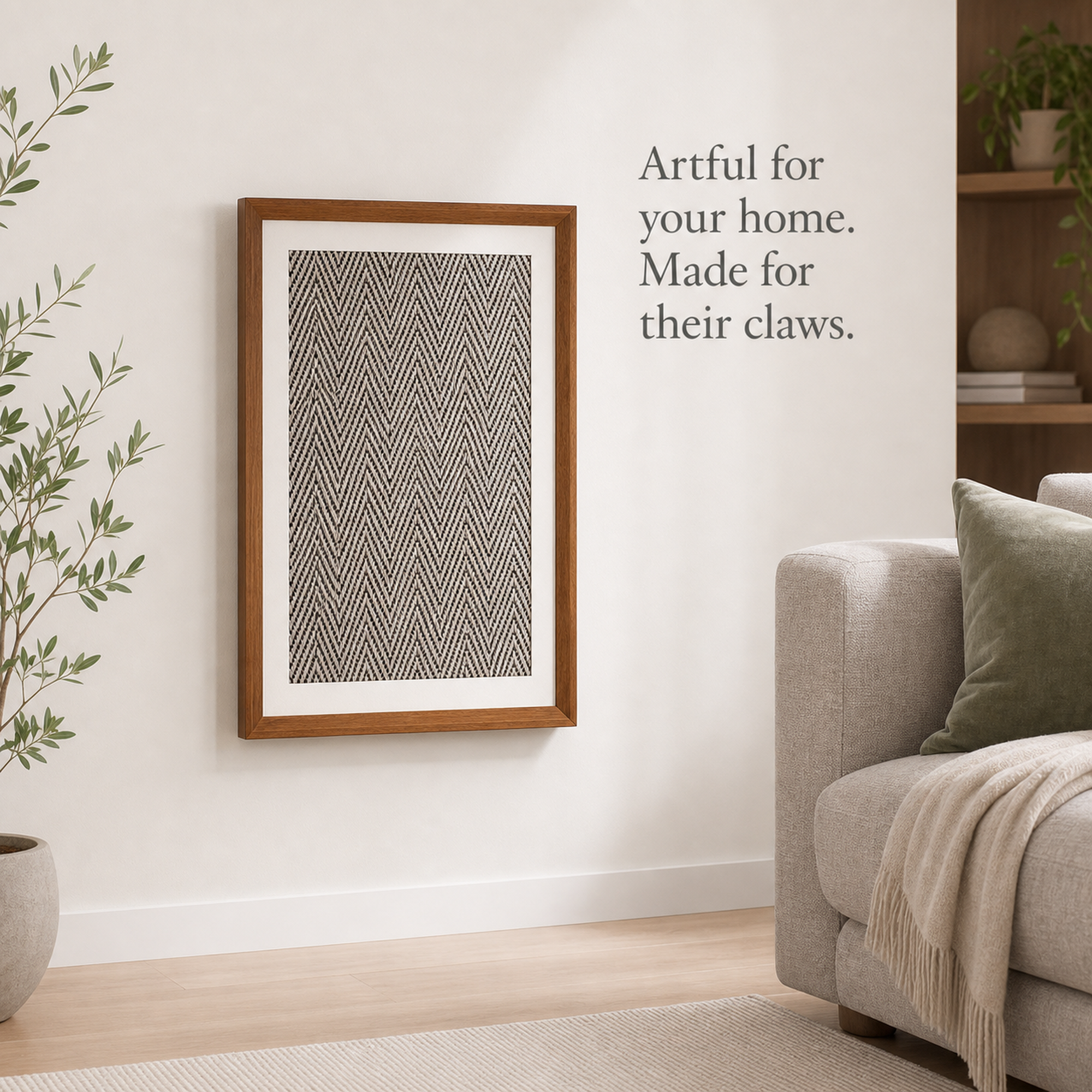 Wall-mounted framed sisal scratcher in a living room