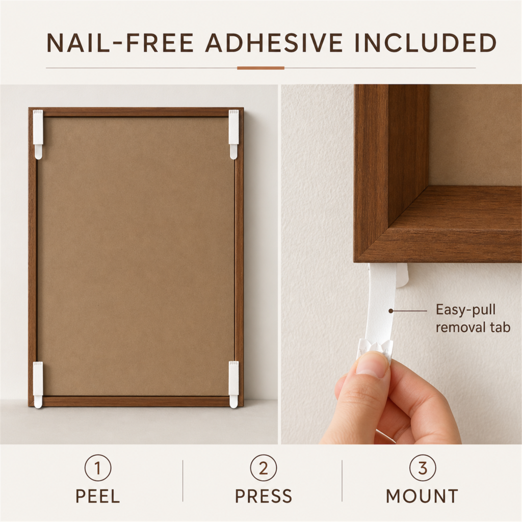 Nail-free adhesive mounting tabs and removable panel