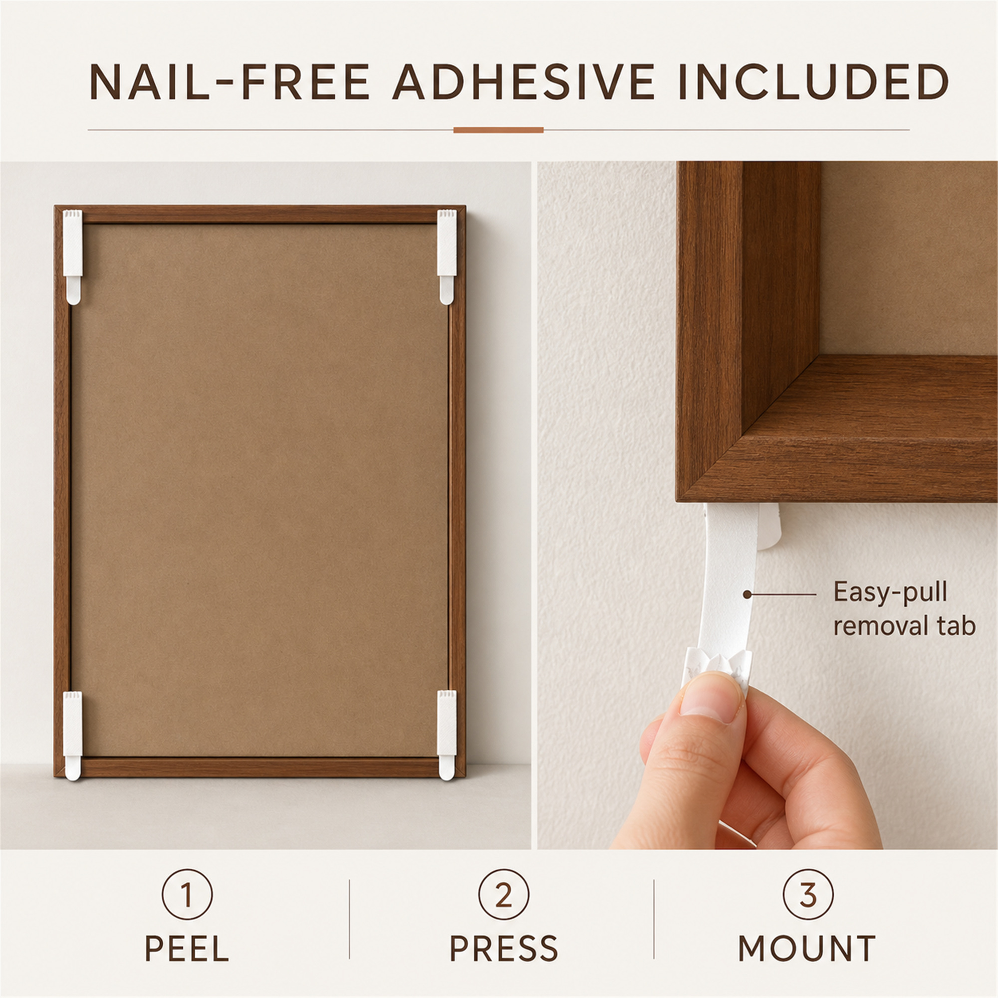 Nail-free adhesive mounting tabs and removable panel