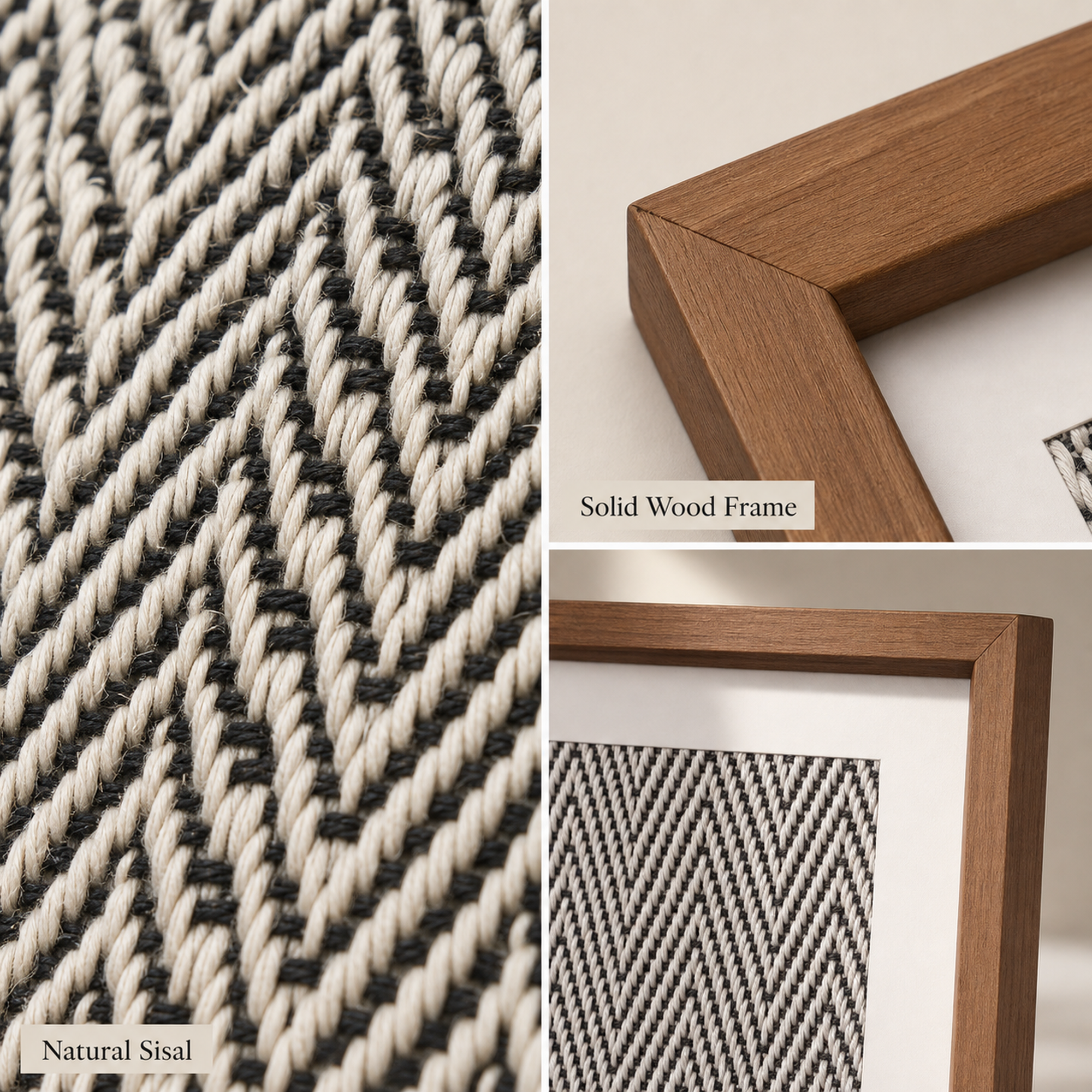 Natural sisal weave and solid wood frame details