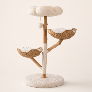 Natural wood cat tree with two woven basket beds, an ivory plush top perch, sisal-wrapped posts, and a round base