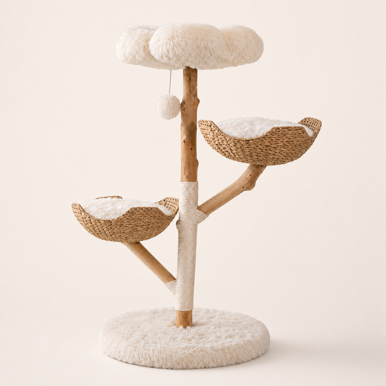 Natural wood cat tree with two woven basket beds, an ivory plush top perch, sisal-wrapped posts, and a round base