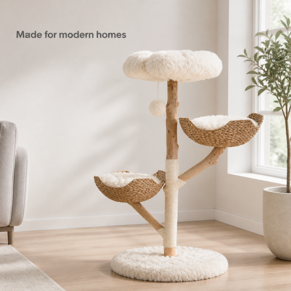 Natural wood cat tree with dual woven basket beds in a calm living room