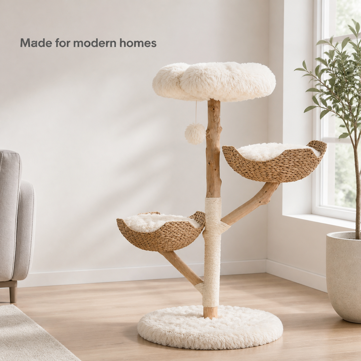 Natural wood cat tree with dual woven basket beds in a calm living room