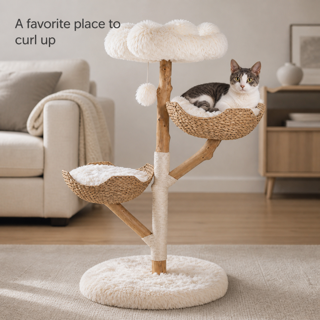 Cat curled up in the upper woven basket bed of the natural wood cat tree