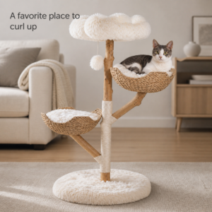 Cat curled up in the upper woven basket bed of the natural wood cat tree