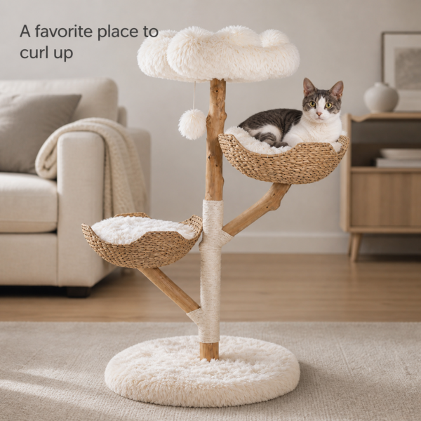 Cat curled up in the upper woven basket bed of the natural wood cat tree