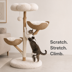 Cat using the sisal-wrapped scratching zone on the cat tree