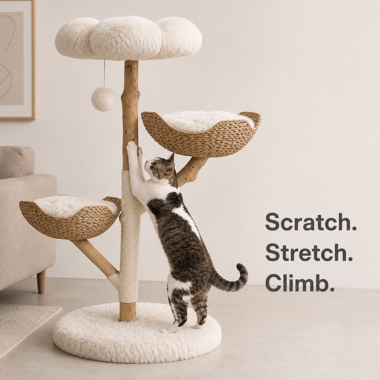 Cat using the sisal-wrapped scratching zone on the cat tree