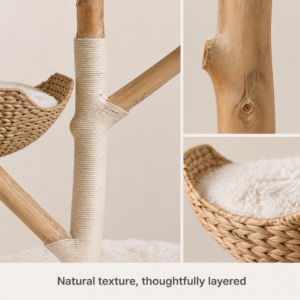 Close details of the natural wood trunk, sisal wrapping, woven basket, and plush pad