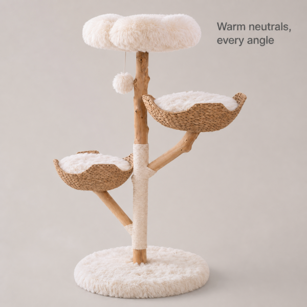 Warm natural wood, woven basket, and ivory plush details