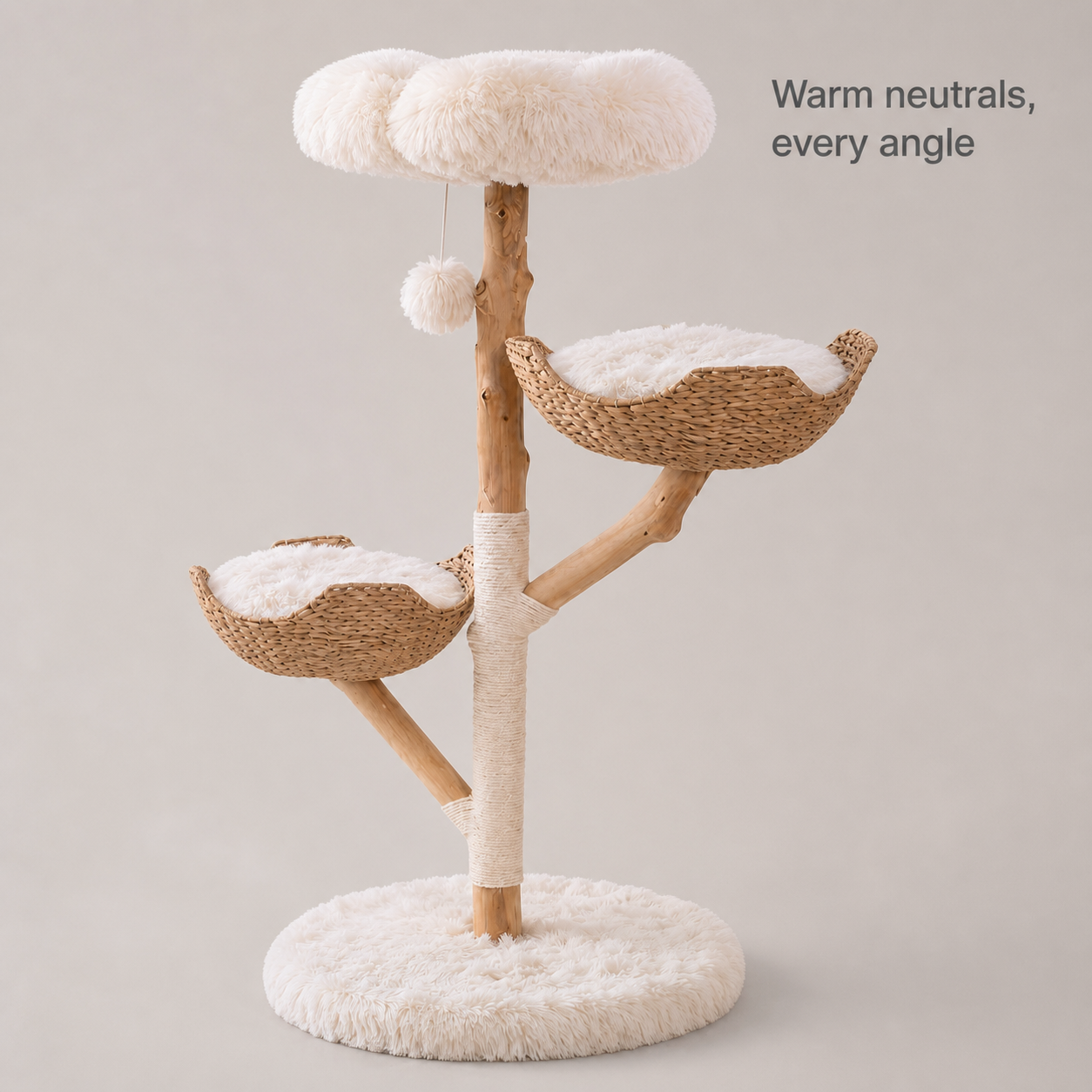 Warm natural wood, woven basket, and ivory plush details