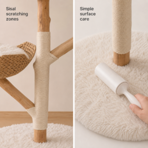Sisal scratching zones and lint-roll cleaning detail on the cat tree