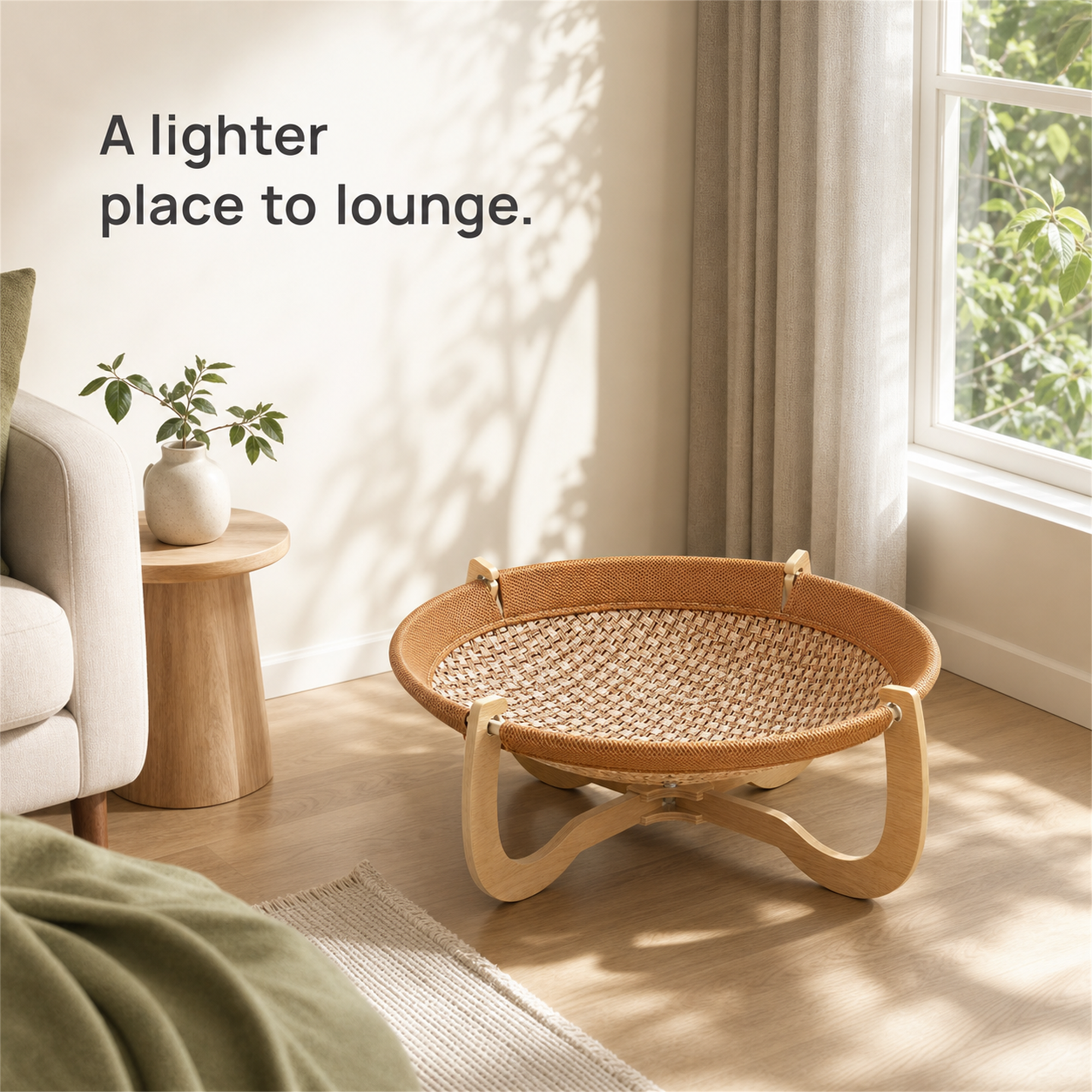 Round elevated woven cat hammock bed in a calm home setting