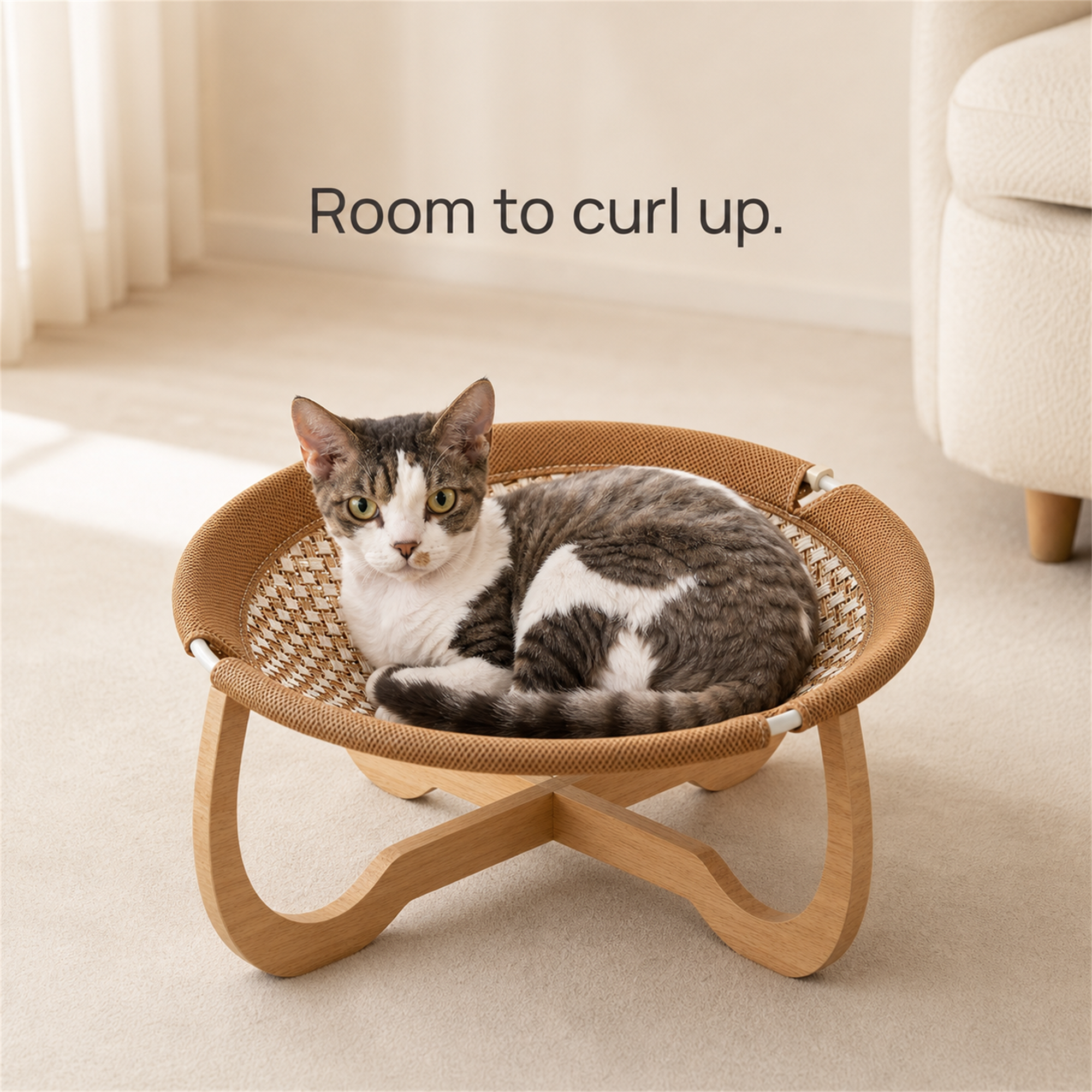 Cat resting in the round elevated woven cat hammock bed