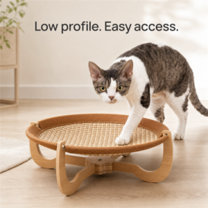 Cat stepping into the low-profile round woven cat hammock