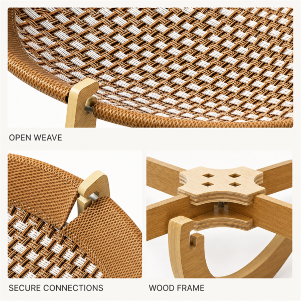 Open woven seat, secure connections, and curved wood frame details