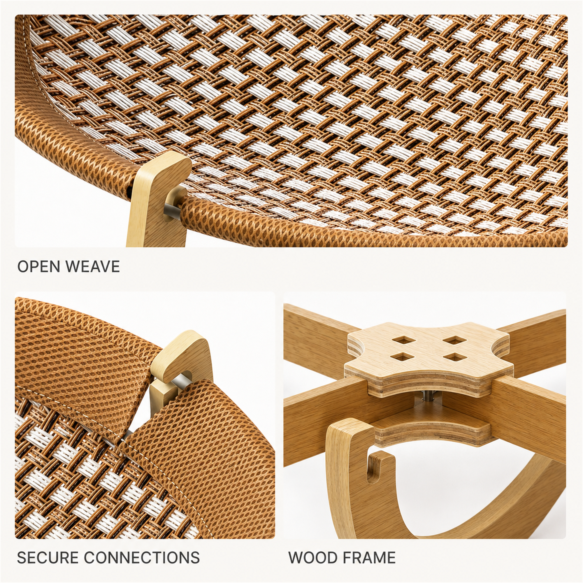 Open woven seat, secure connections, and curved wood frame details