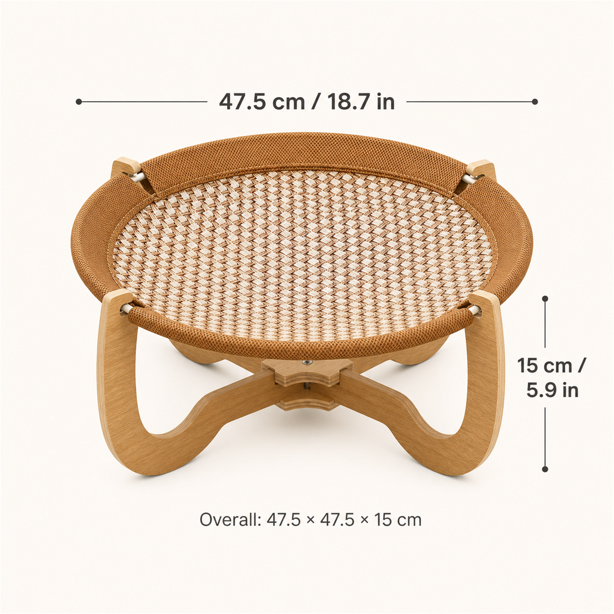 Dimensions: 47.5 by 47.5 by 15 centimeters, or 18.7 by 18.7 by 5.9 inches