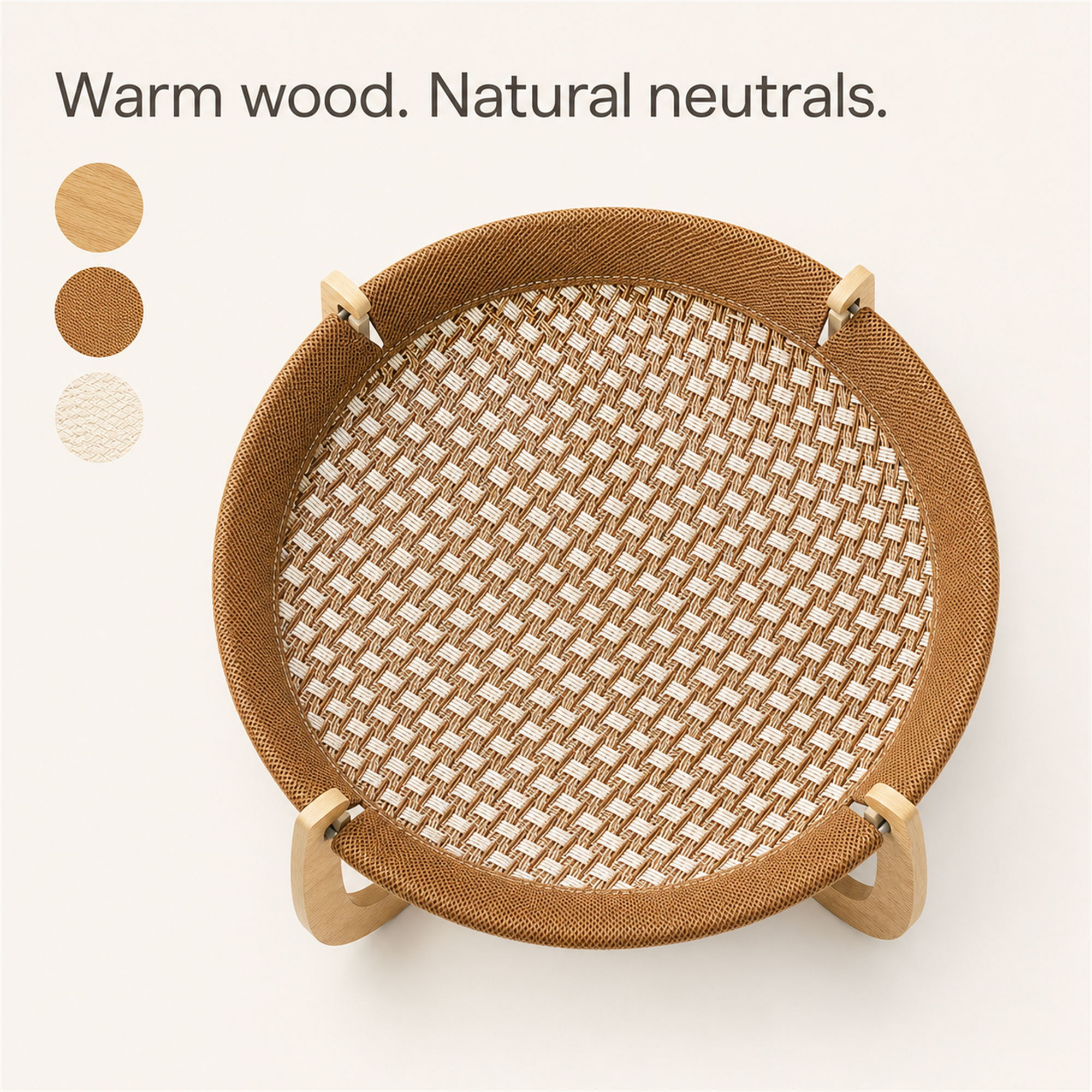 Light wood, warm brown, and soft ivory tones on the round woven cat hammock