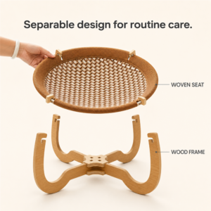 Round woven seat and curved wood frame shown as separate components